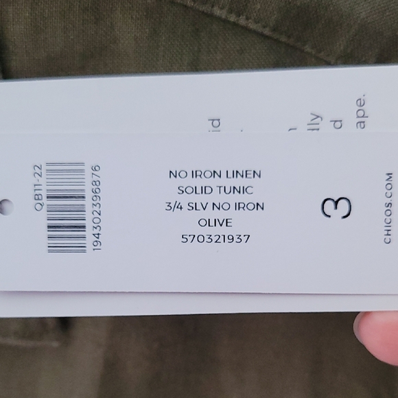 Chico's Olive No Iron Linen Tunic NWT. 3=16/XL. - Picture 7 of 9